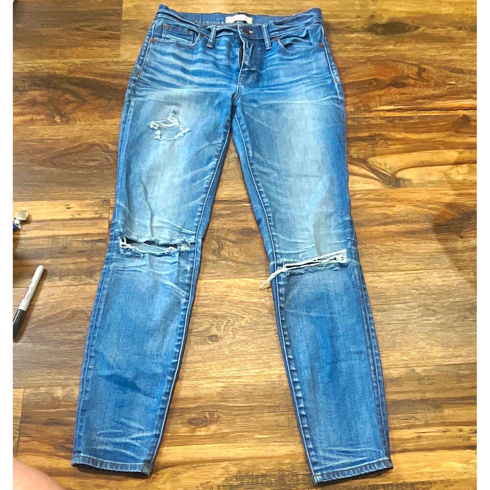 Madewell Women High Rise Skinny Blue Medium Wash Distressed Stretch Jeans 27